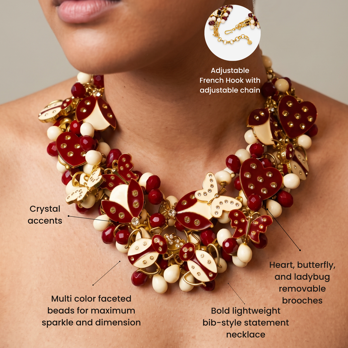 Lovebug 18k Brooch Bib - Crimson/Cream,Necklaces, Sassy Jones,
