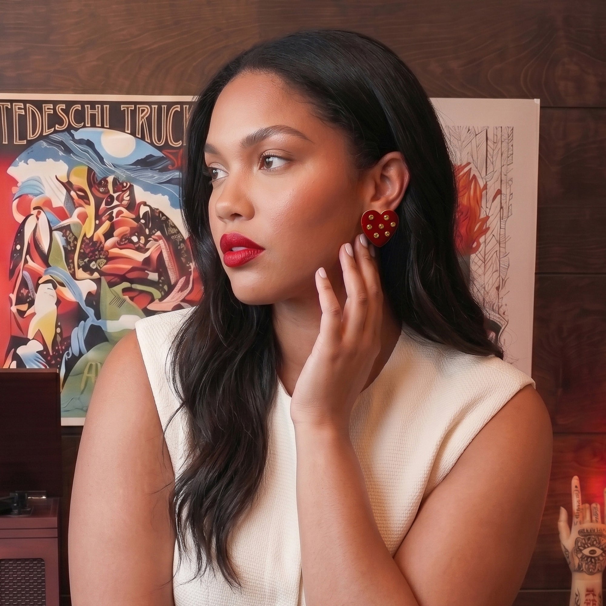 Crimson heart-shaped stud earrings with crystal accents and 18K gold-plated trim from the Lovebug collection