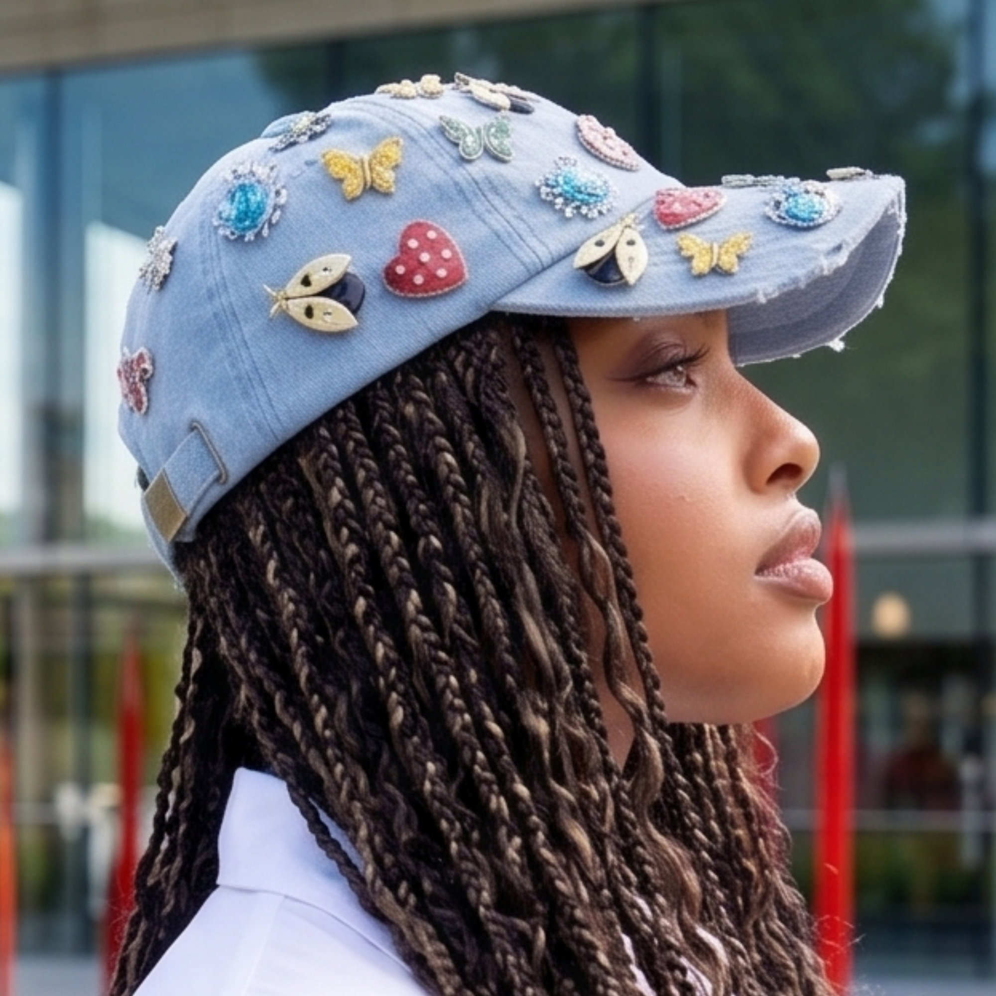 Light wash distressed denim ballcap featuring removable butterfly, ladybug, heart, and floral crystal brooch pins by Sassy Jones.