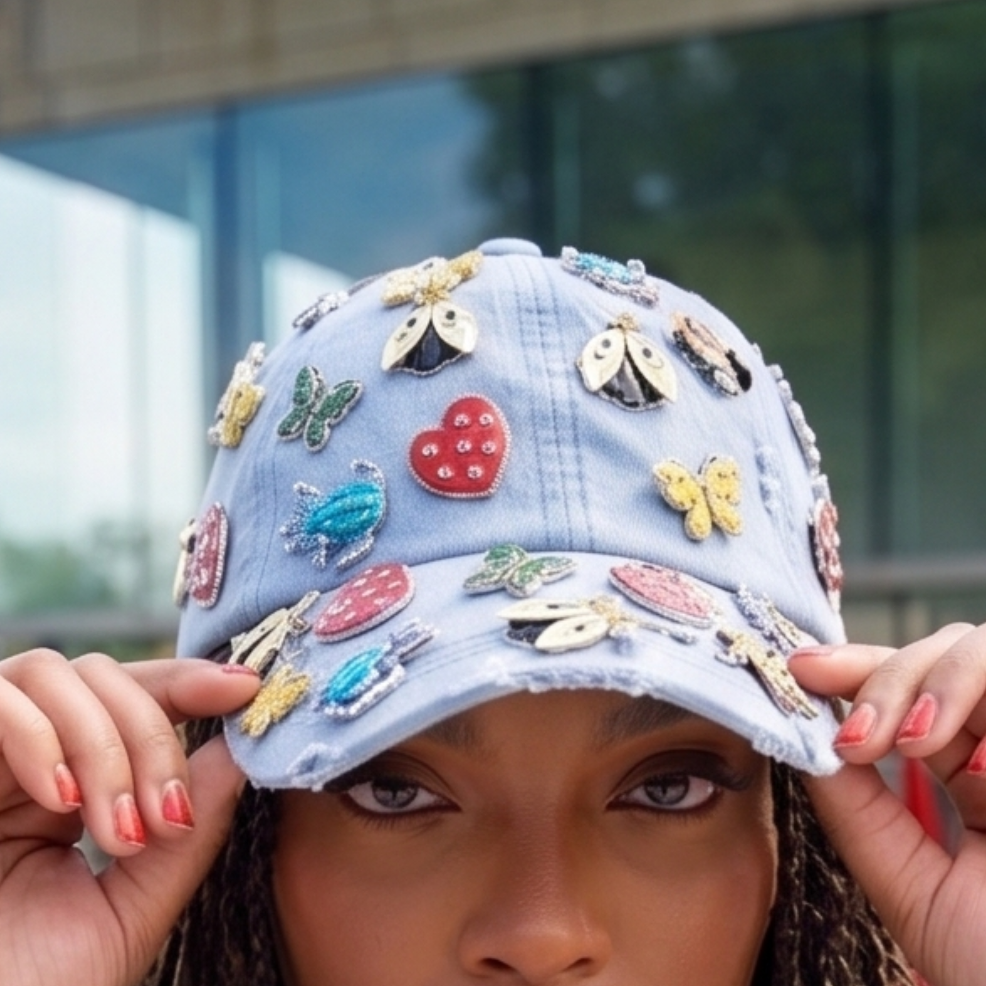 Light wash distressed denim ballcap featuring removable butterfly, ladybug, heart, and floral crystal brooch pins by Sassy Jones.