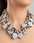 Lovebug Greige Jewelry Unique Beaded Necklace Grey Statement Necklace Heart Shaped Earrings Fashionable Greige Jewelry Designer Lovebug Necklace Trendy Grey Accessories Artistic Statement Jewelry Beaded Lovebug Jewelry Set Elegant Grey Fashion Jewelry High Fashion Beaded Necklace