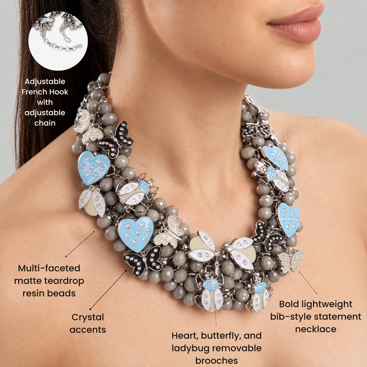 Lovebug Greige Jewelry Unique Beaded Necklace Grey Statement Necklace Heart Shaped Earrings Fashionable Greige Jewelry Designer Lovebug Necklace Trendy Grey Accessories Artistic Statement Jewelry Beaded Lovebug Jewelry Set Elegant Grey Fashion Jewelry High Fashion Beaded Necklace