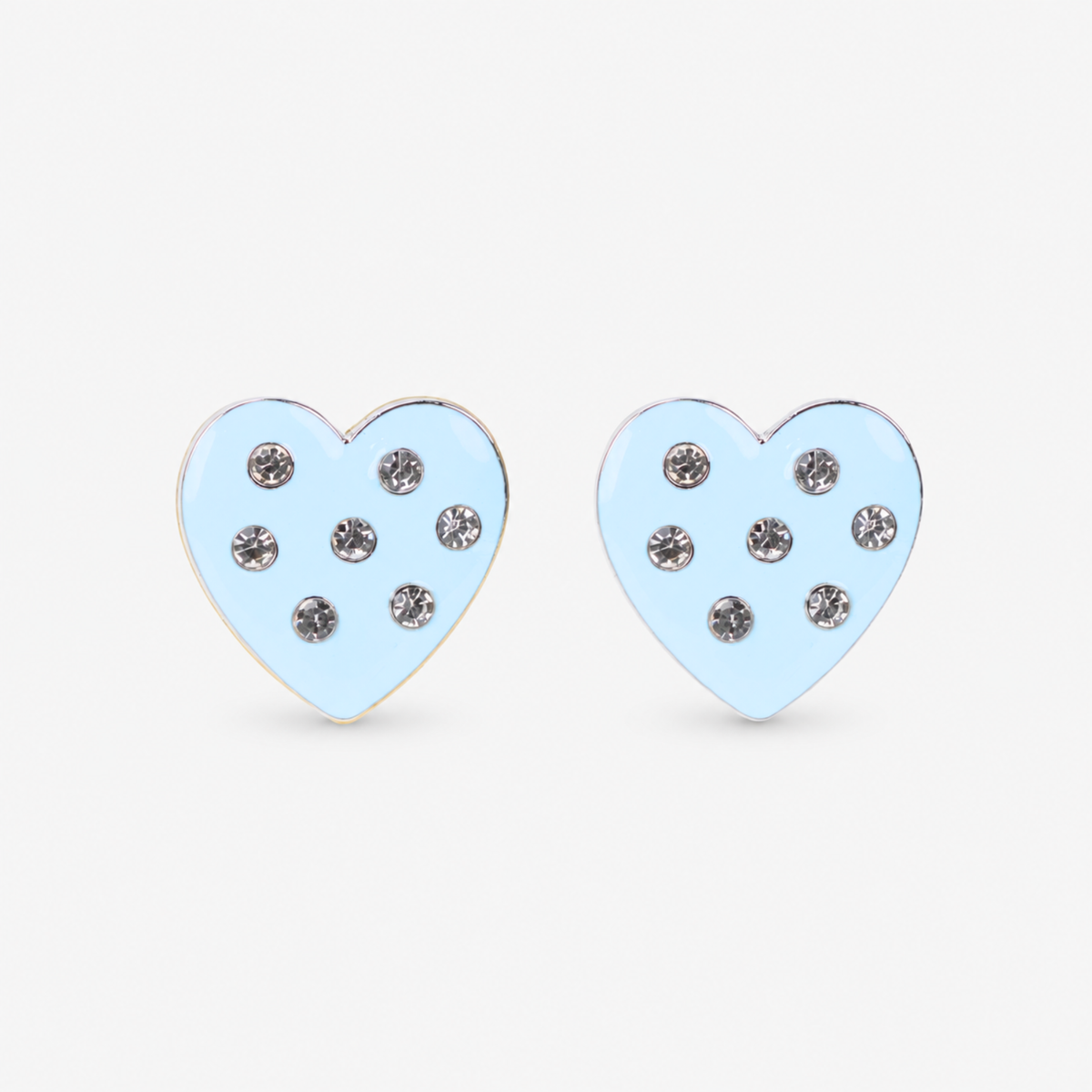 Lovebug Studs in Greige featuring glossy powder blue heart shapes with sparkling crystal accents.