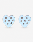 Lovebug Studs in Greige featuring glossy powder blue heart shapes with sparkling crystal accents.