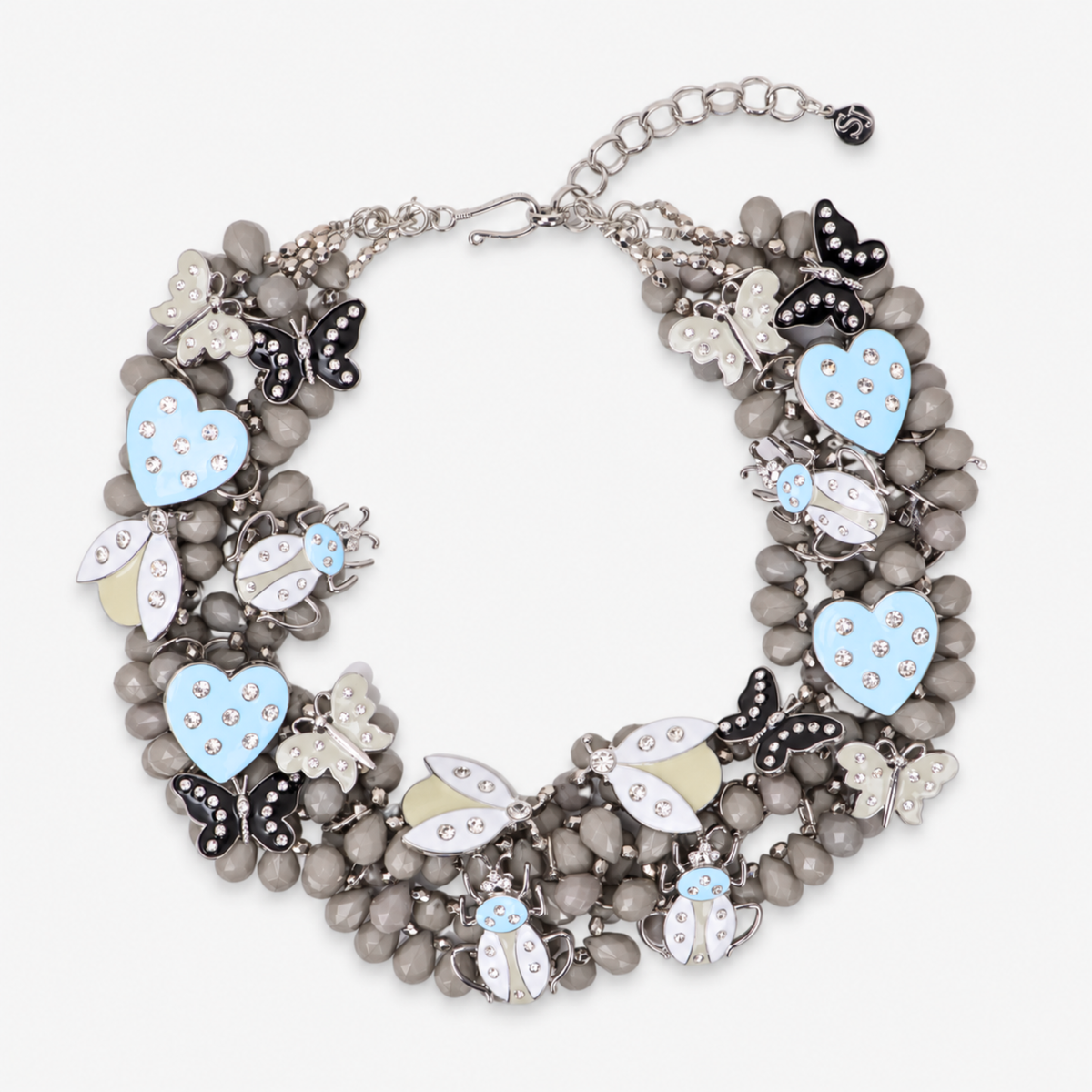 Lovebug Greige Jewelry Unique Beaded Necklace Grey Statement Necklace Heart Shaped Earrings Fashionable Greige Jewelry Designer Lovebug Necklace Trendy Grey Accessories Artistic Statement Jewelry Beaded Lovebug Jewelry Set Elegant Grey Fashion Jewelry High Fashion Beaded Necklace