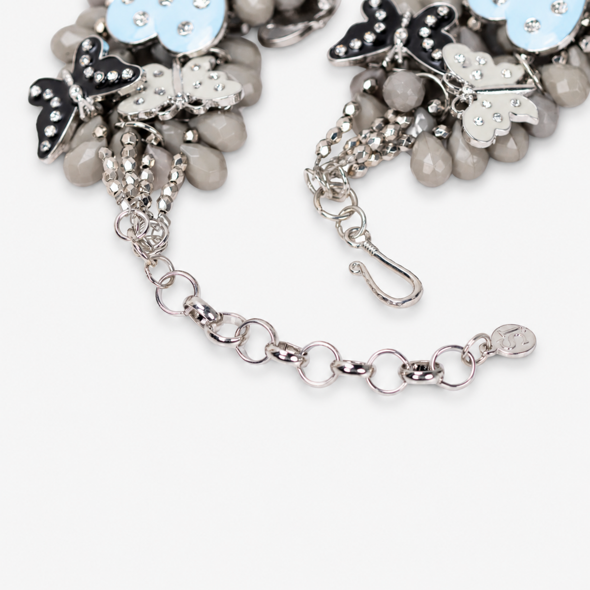 Lovebug Greige Jewelry Unique Beaded Necklace Grey Statement Necklace Heart Shaped Earrings Fashionable Greige Jewelry Designer Lovebug Necklace Trendy Grey Accessories Artistic Statement Jewelry Beaded Lovebug Jewelry Set Elegant Grey Fashion Jewelry High Fashion Beaded Necklace
