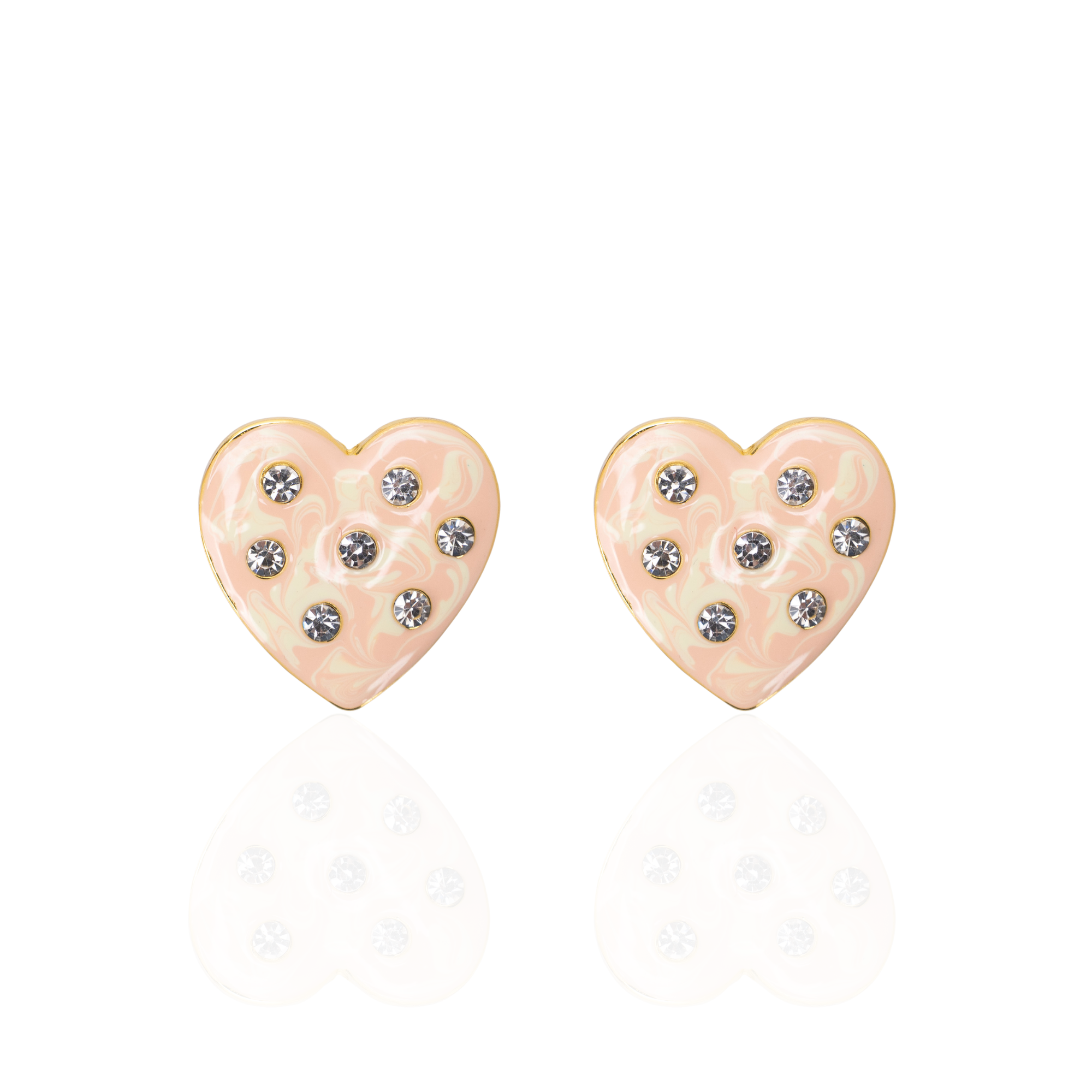 Cream marbled heart-shaped stud earrings with crystal accents and 18K gold-plated trim from the Lovebug collection.