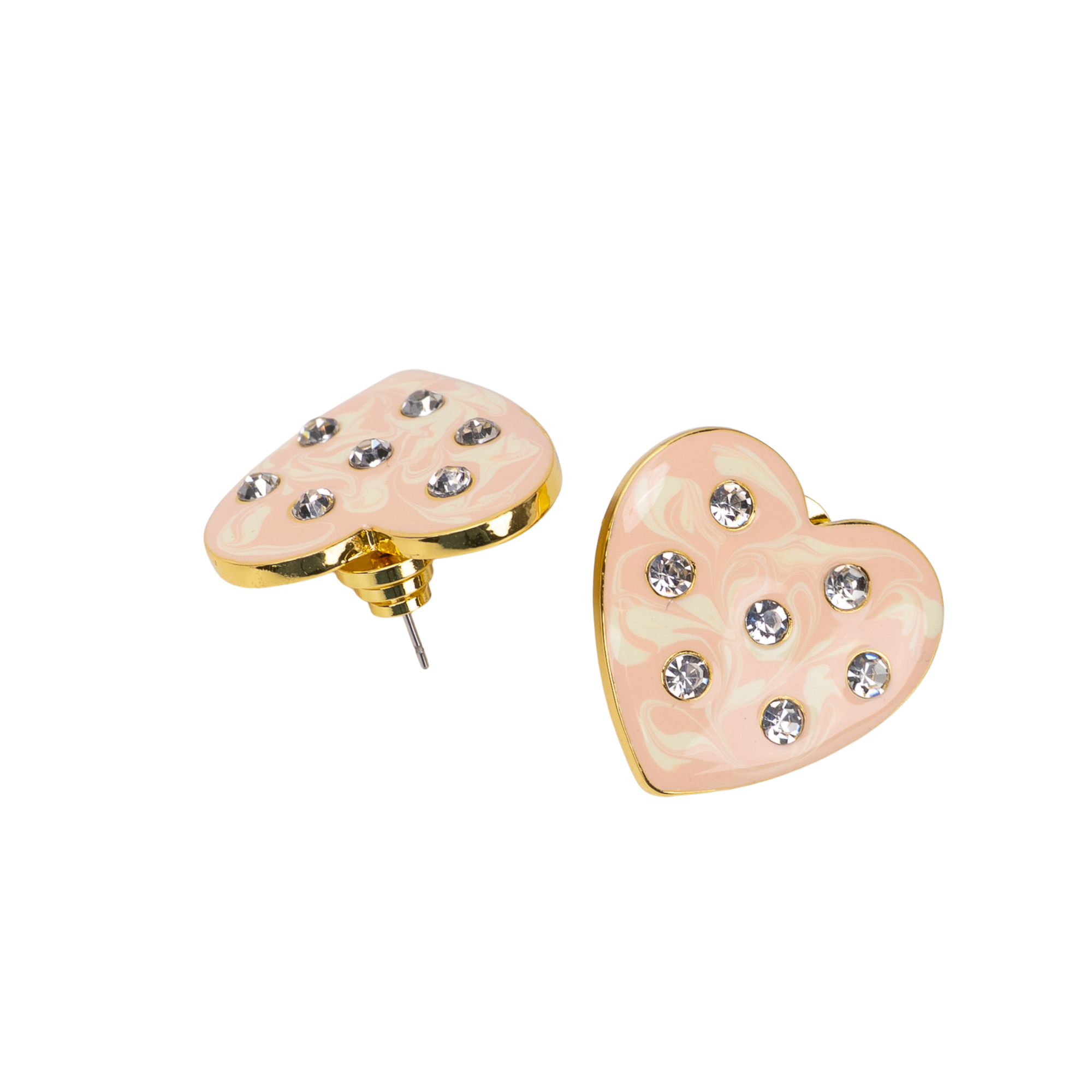 Cream marbled heart-shaped stud earrings with crystal accents and 18K gold-plated trim from the Lovebug collection.