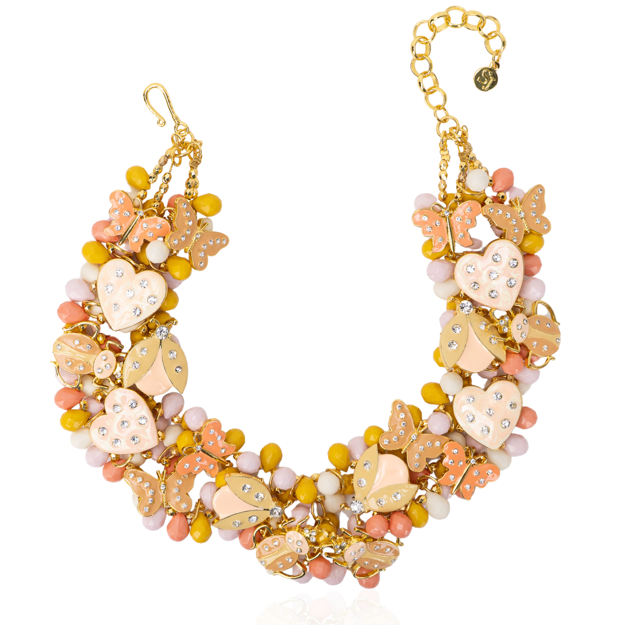 Peach and cream statement bib necklace featuring removable butterfly, ladybug, and heart brooch charms with 18K gold-plated accents and faceted bead details.