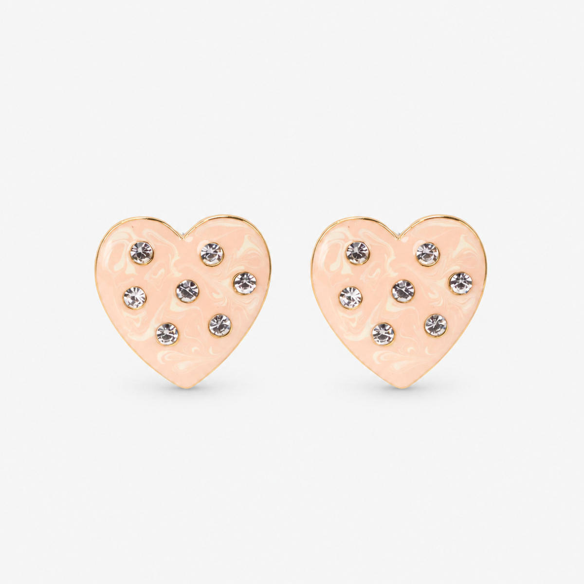 Lovebug 18K Studs in Cream featuring oversized marbled cream hearts with clear crystal accents and gold trim.
