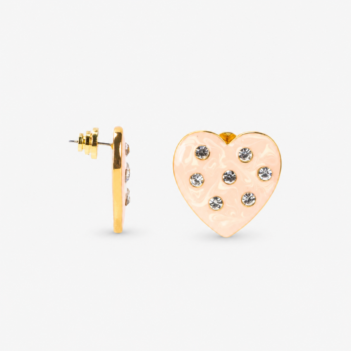 Sassy Jones Lovebug heart earrings featuring glossy cream marbling, crystal embellishments and polished gold edging.     Oversized cream heart stud earrings featuring a neutral marbled design with scattered clear crystals and gold detailing.