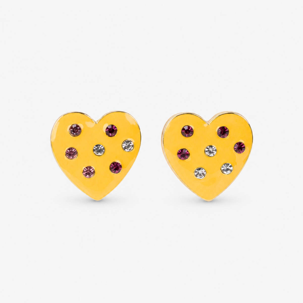 Lovebug 18K Studs in Carnivale featuring glossy yellow hearts with seven multicolor crystal accents.