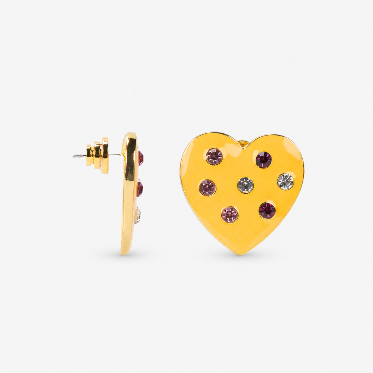Sassy Jones Lovebug heart earrings featuring a vibrant yellow heart silhouette with multicolor jeweled accents.      Colorful heart stud earrings featuring a yellow finish, red, blue and green crystals, and polished gold detailing.