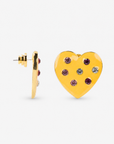 Sassy Jones Lovebug heart earrings featuring a vibrant yellow heart silhouette with multicolor jeweled accents.      Colorful heart stud earrings featuring a yellow finish, red, blue and green crystals, and polished gold detailing.