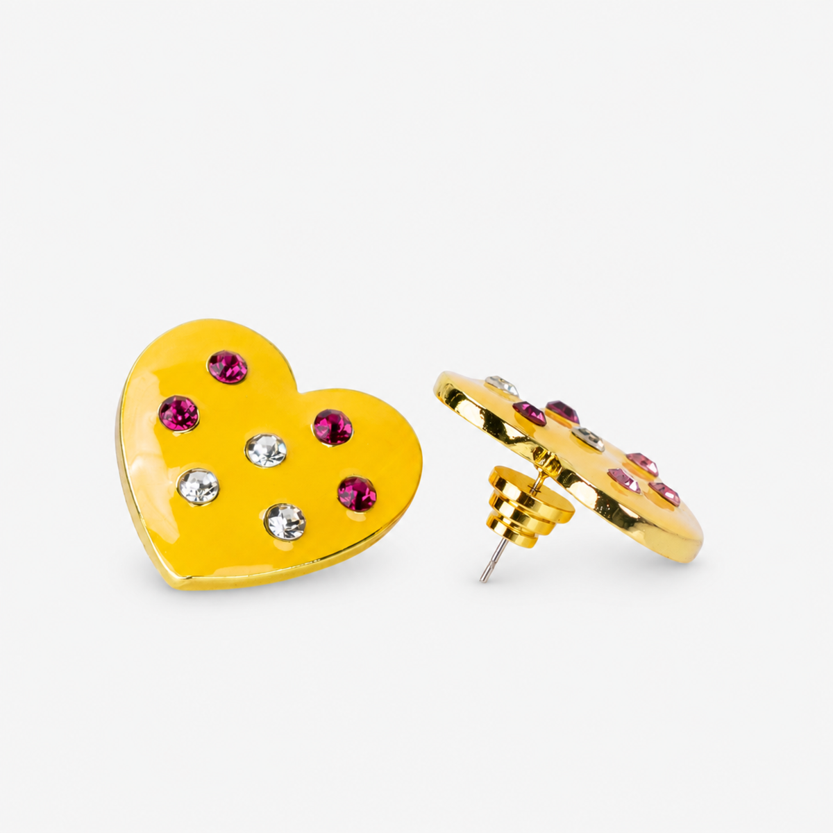 On model view of Lovebug Carnivale Heart Stud Earring featuring a bright yellow finish and colorful crystals.