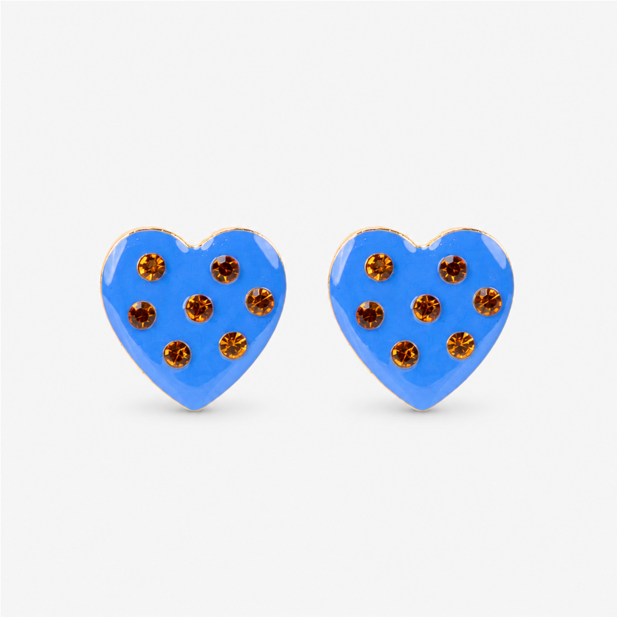 Lovebug 18K Studs in Paradise Blue featuring glossy blue hearts with seven golden crystal accents.