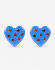 Lovebug 18K Studs in Paradise Blue featuring glossy blue hearts with seven golden crystal accents.