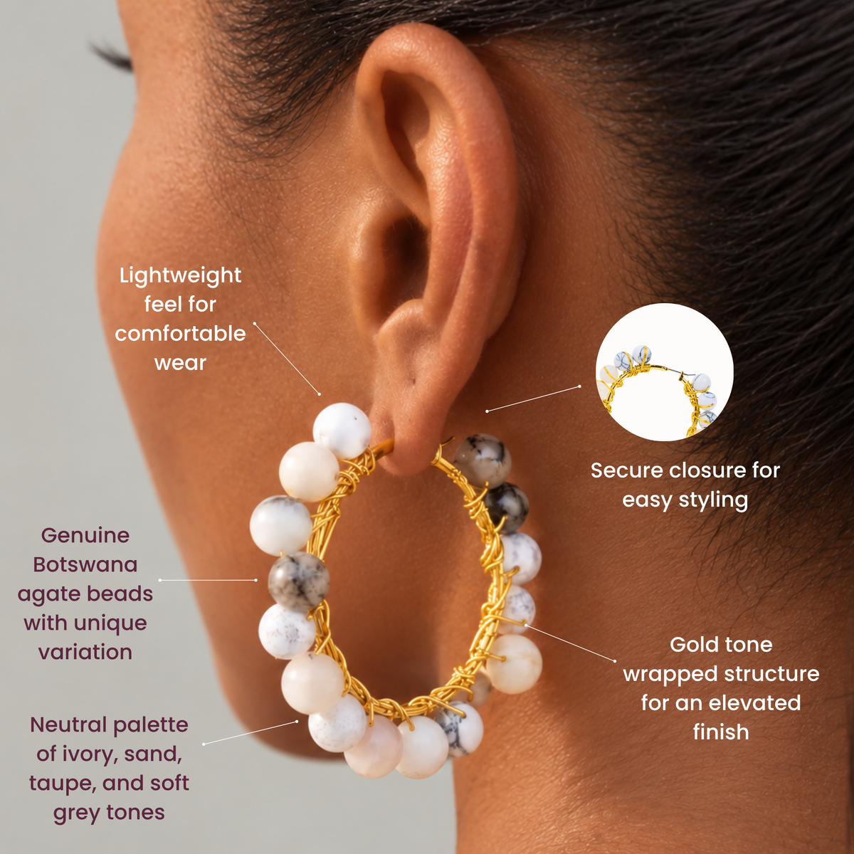Makemba Botswana Agate Hoops - Ivory Estate,Earrings, Sassy Jones,
