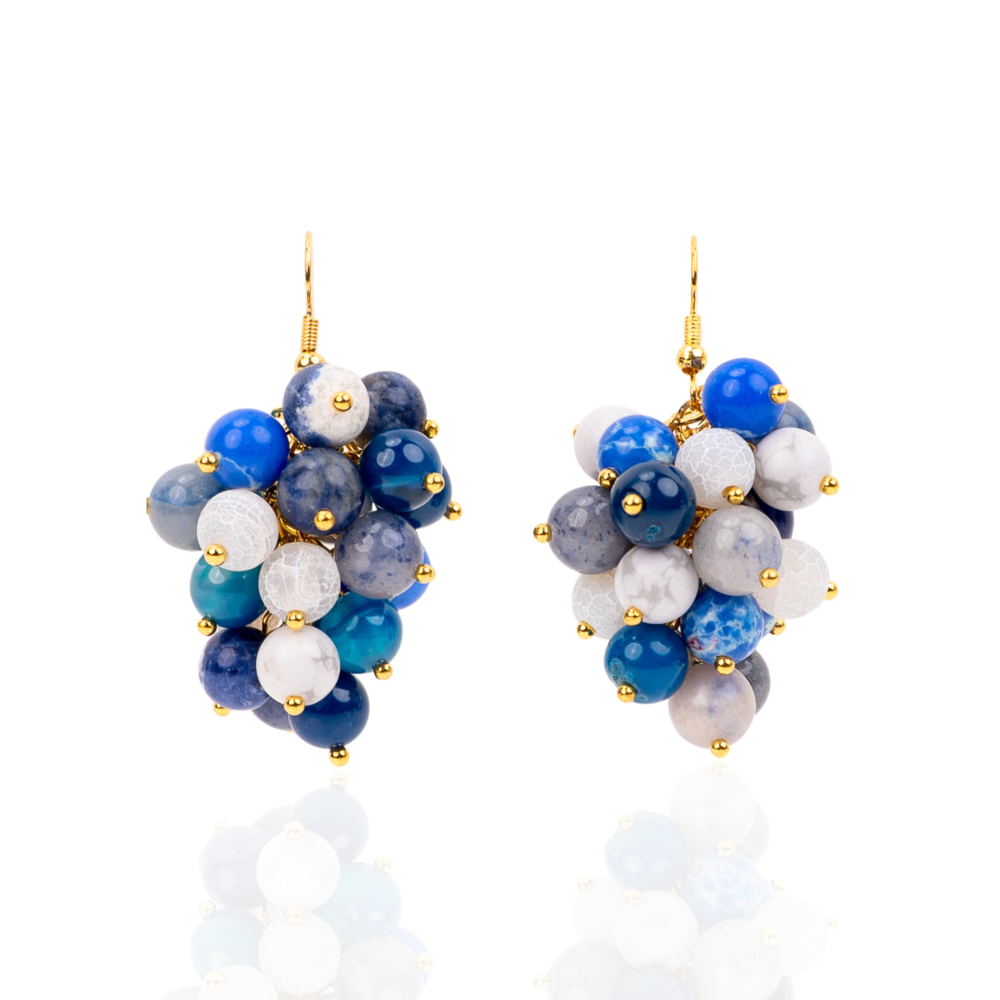 statement earrings for women, dangle earrings with gemstones, lapis lazuli earrings, artisan earrings, blue stone earrings, bold fashion earrings, clustered bead earrings, luxury statement earrings, modern gemstone earrings, boutique earrings for women