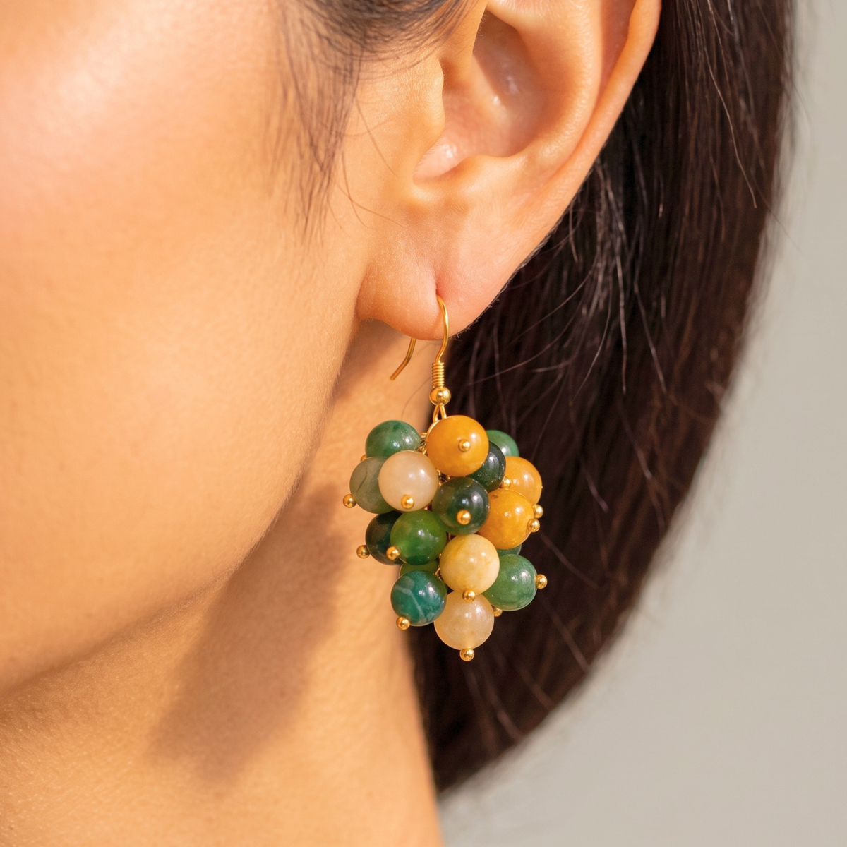 Makemba Jasper Beaded Dangles in Emerald Legacy featuring clustered green, golden yellow and cream jasper beads.