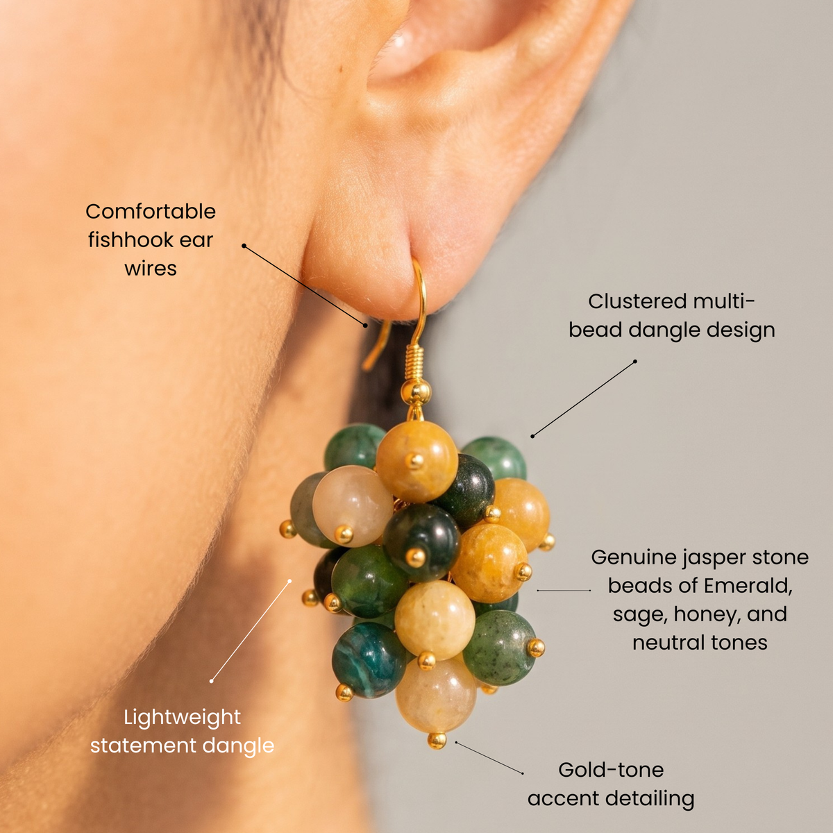 Makemba Jasper Beaded Dangles in Emerald Legacy featuring clustered green, golden yellow and cream jasper beads.