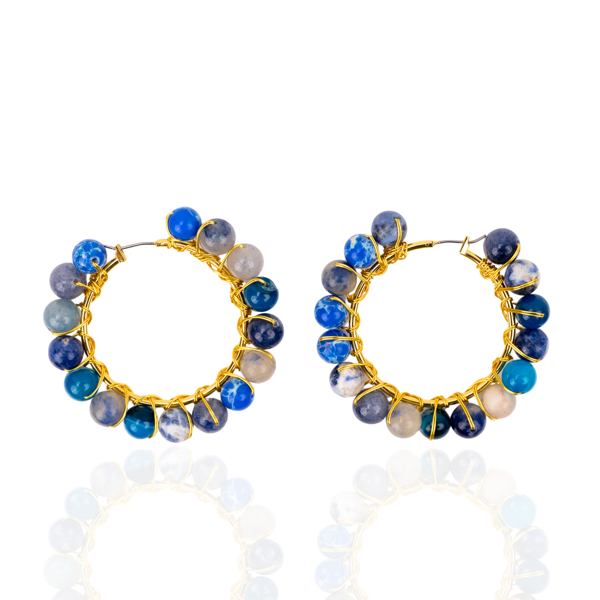 statement hoop earrings, lapis lazuli earrings, beaded hoop earrings, artisan earrings, blue stone earrings, bold fashion earrings, luxury hoop earrings, modern gemstone earrings, boutique earrings for women, designer statement earrings