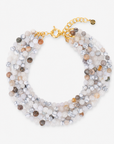 Makemba Botswana Agate Hand Beaded Collar Chain in Ivory Estate featuring multiple strands of natural stone beads in ivory, gray and taupe.