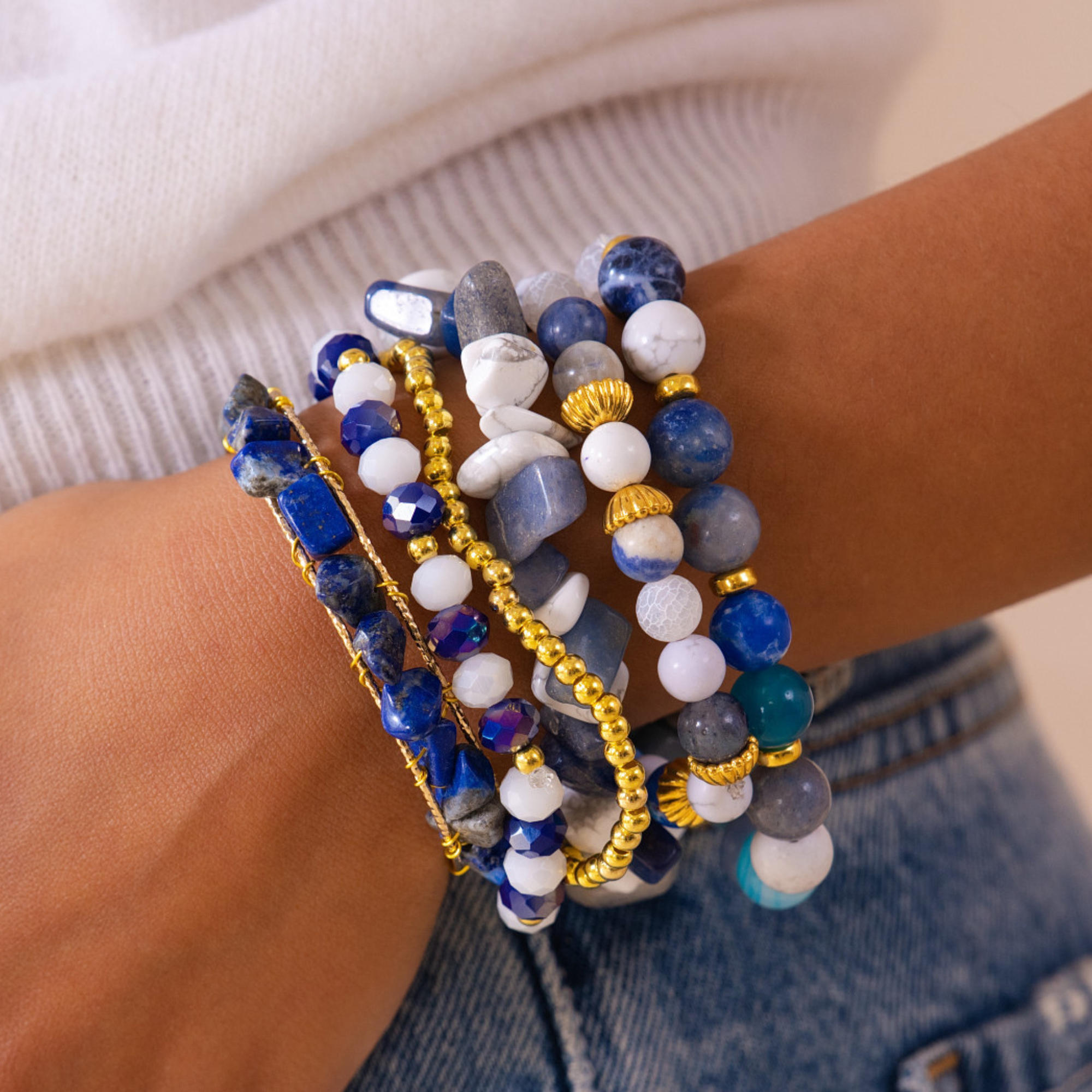 bracelet stack for women, stretch bracelet set, gemstone bracelet stack, lapis bracelet set, layered beaded bracelets, statement bracelet stack, artisan bracelet collection, blue stone bracelets, bold women’s bracelets, luxury fashion bracelets