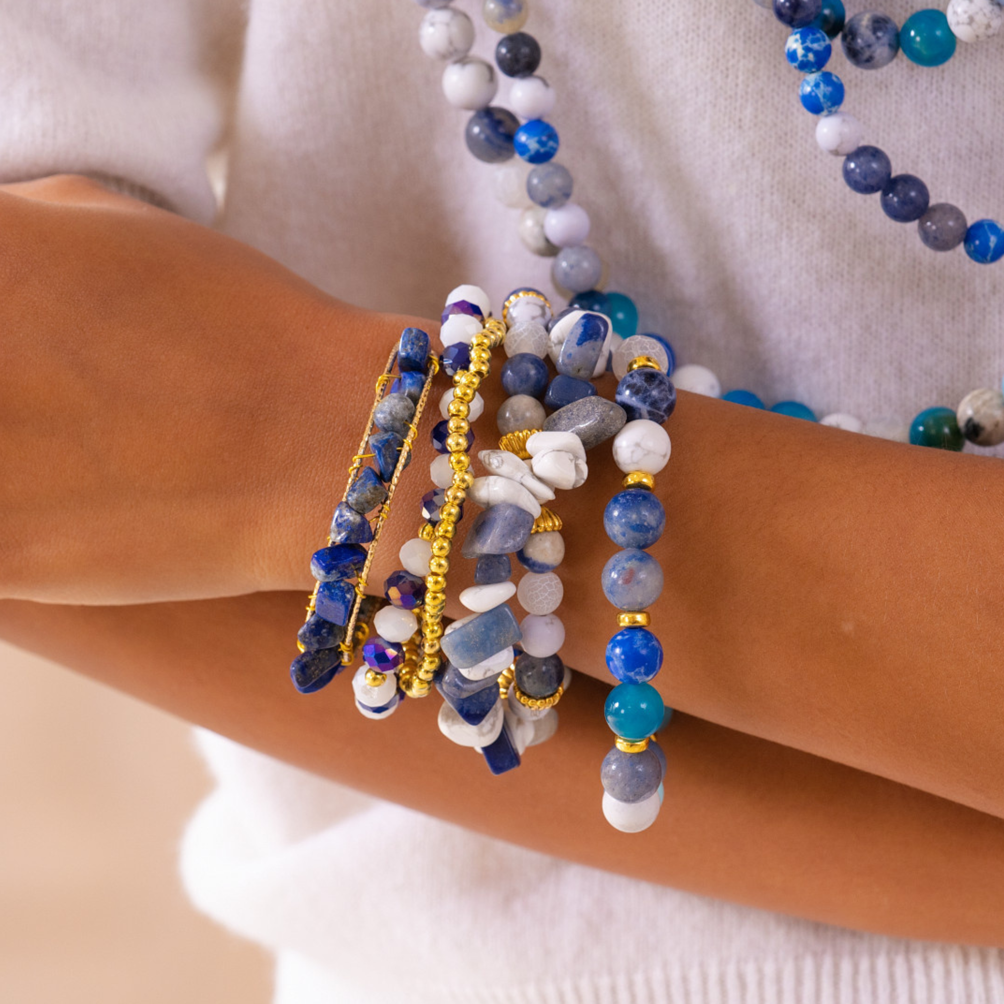 bracelet stack for women, stretch bracelet set, gemstone bracelet stack, lapis bracelet set, layered beaded bracelets, statement bracelet stack, artisan bracelet collection, blue stone bracelets, bold women’s bracelets, luxury fashion bracelets