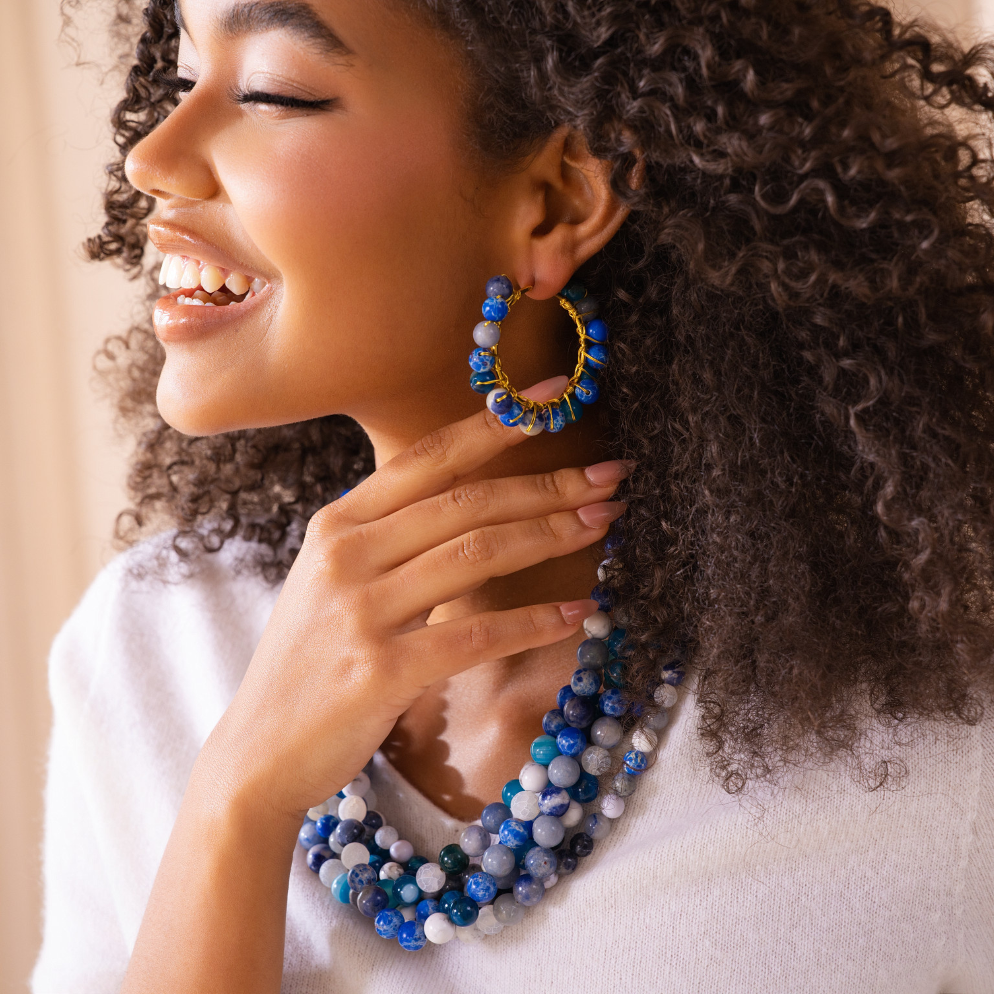 statement hoop earrings, lapis lazuli earrings, beaded hoop earrings, artisan earrings, blue stone earrings, bold fashion earrings, luxury hoop earrings, modern gemstone earrings, boutique earrings for women, designer statement earrings