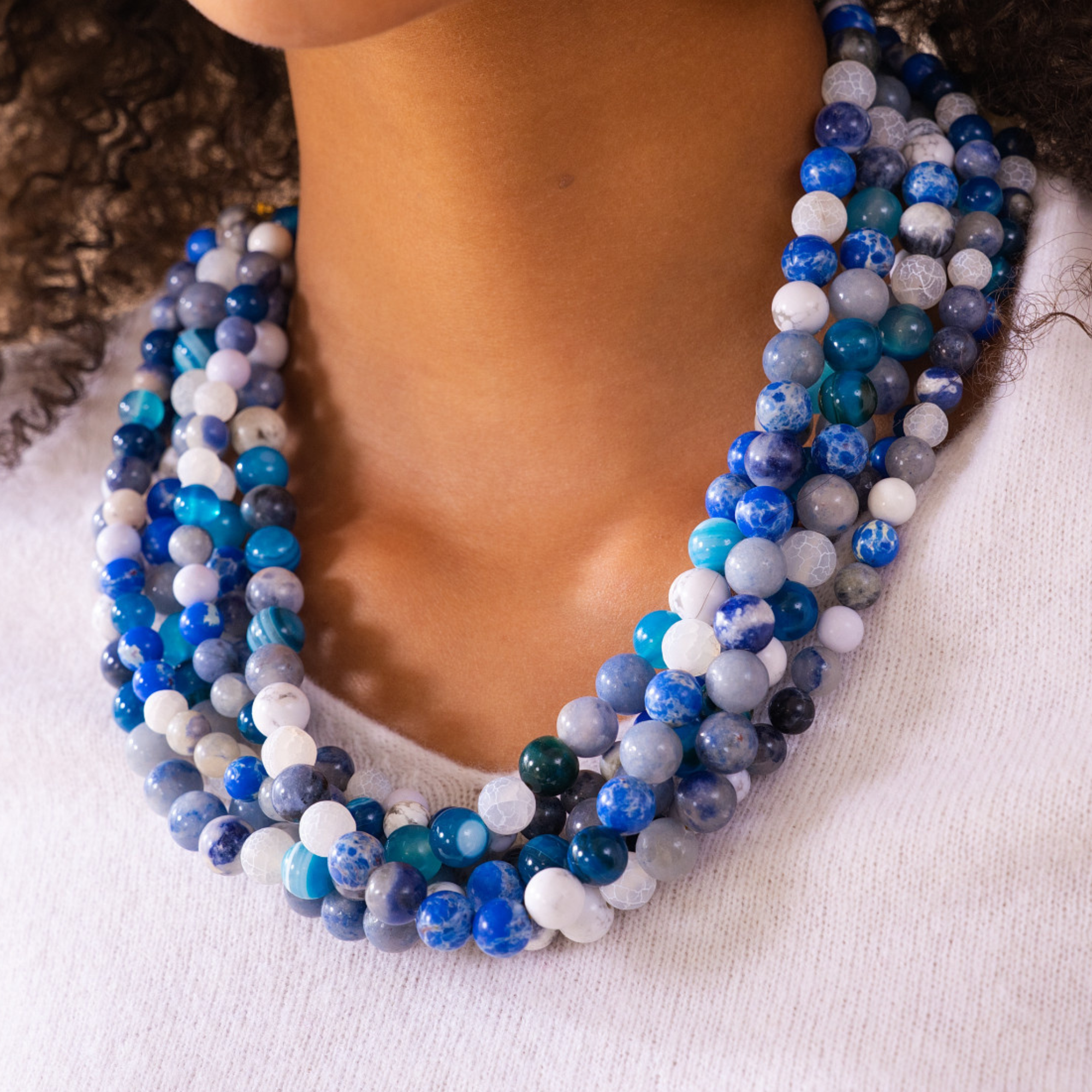 lapis collar necklace, blue gemstone statement necklace, luxury beaded necklace women, multi strand collar necklace, boutique statement necklace, designer inspired jewelry, indigo necklace women, contemporary luxury necklace, premium boutique jewelry, bold fashion necklace