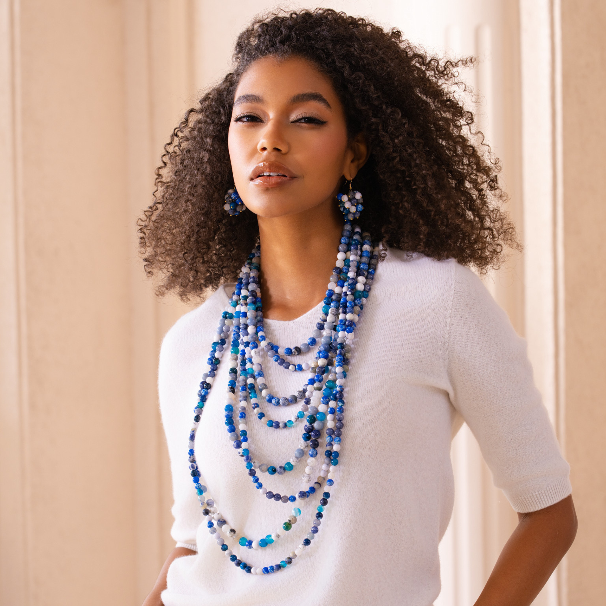 lapis statement necklace, blue gemstone necklace, luxury beaded necklace, multi strand necklace women, convertible statement jewelry, boutique statement necklace, designer inspired jewelry, royal blue necklace women, contemporary luxury necklace, premium boutique jewelry