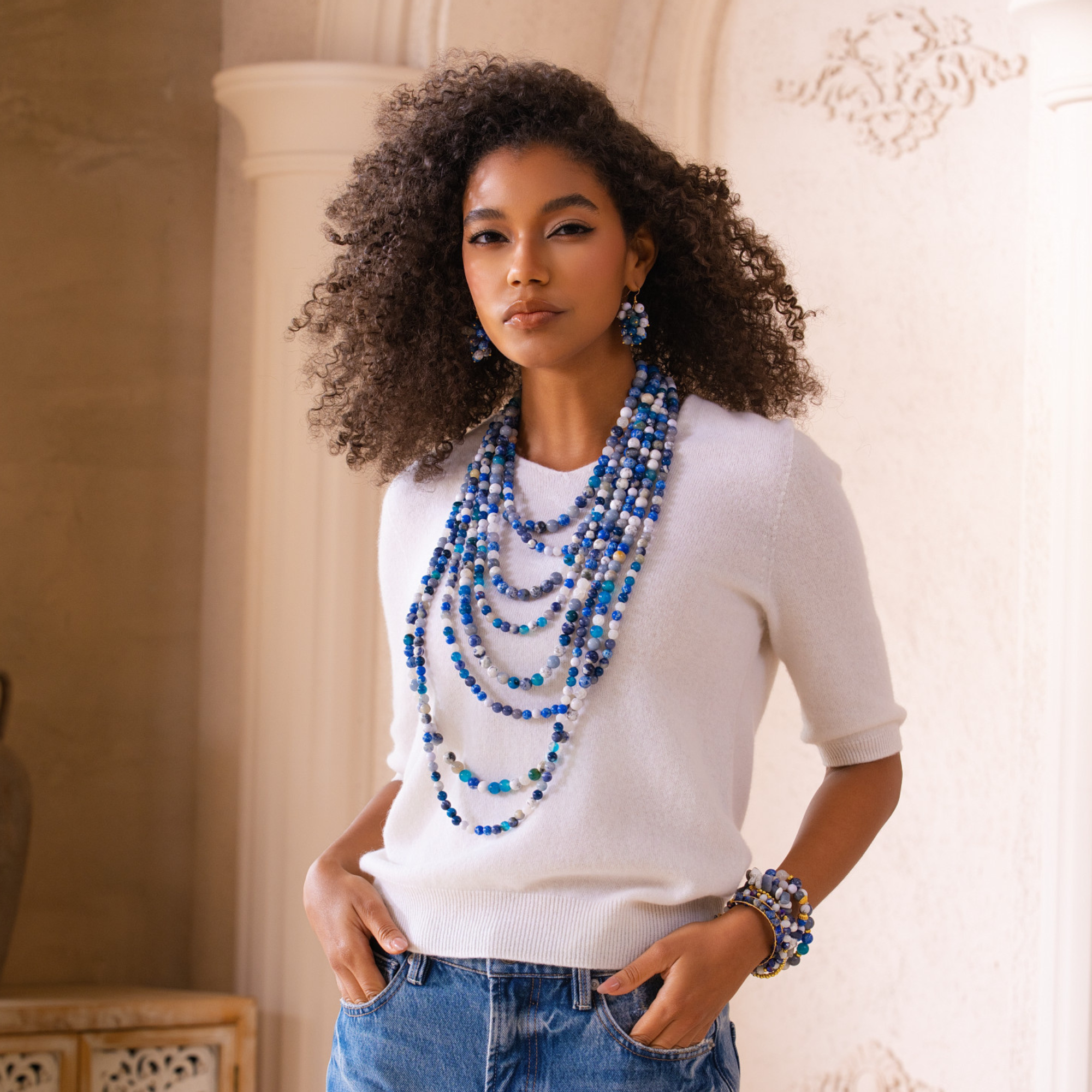 lapis statement necklace, blue gemstone necklace, luxury beaded necklace, multi strand necklace women, convertible statement jewelry, boutique statement necklace, designer inspired jewelry, royal blue necklace women, contemporary luxury necklace, premium boutique jewelry