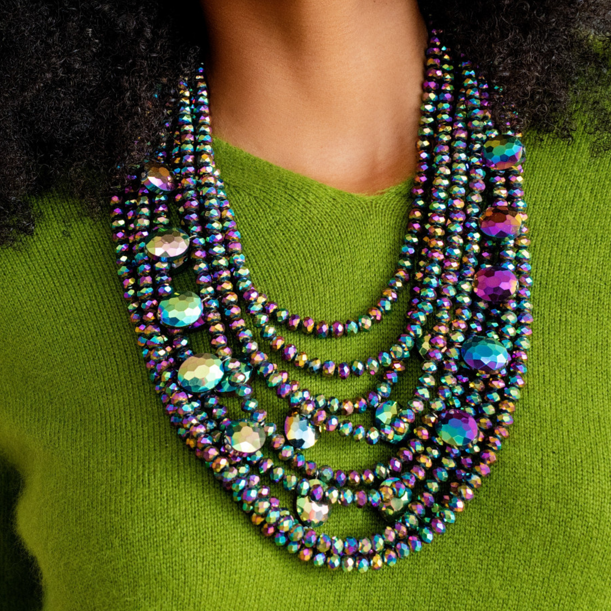 statement necklace, colorful statement jewelry, glass beaded necklace, iridescent necklace, bold fashion jewelry, women’s statement necklace, layered bead necklace, designer jewelry, sassy jones jewelry, colorful necklace, glass bead jewelry