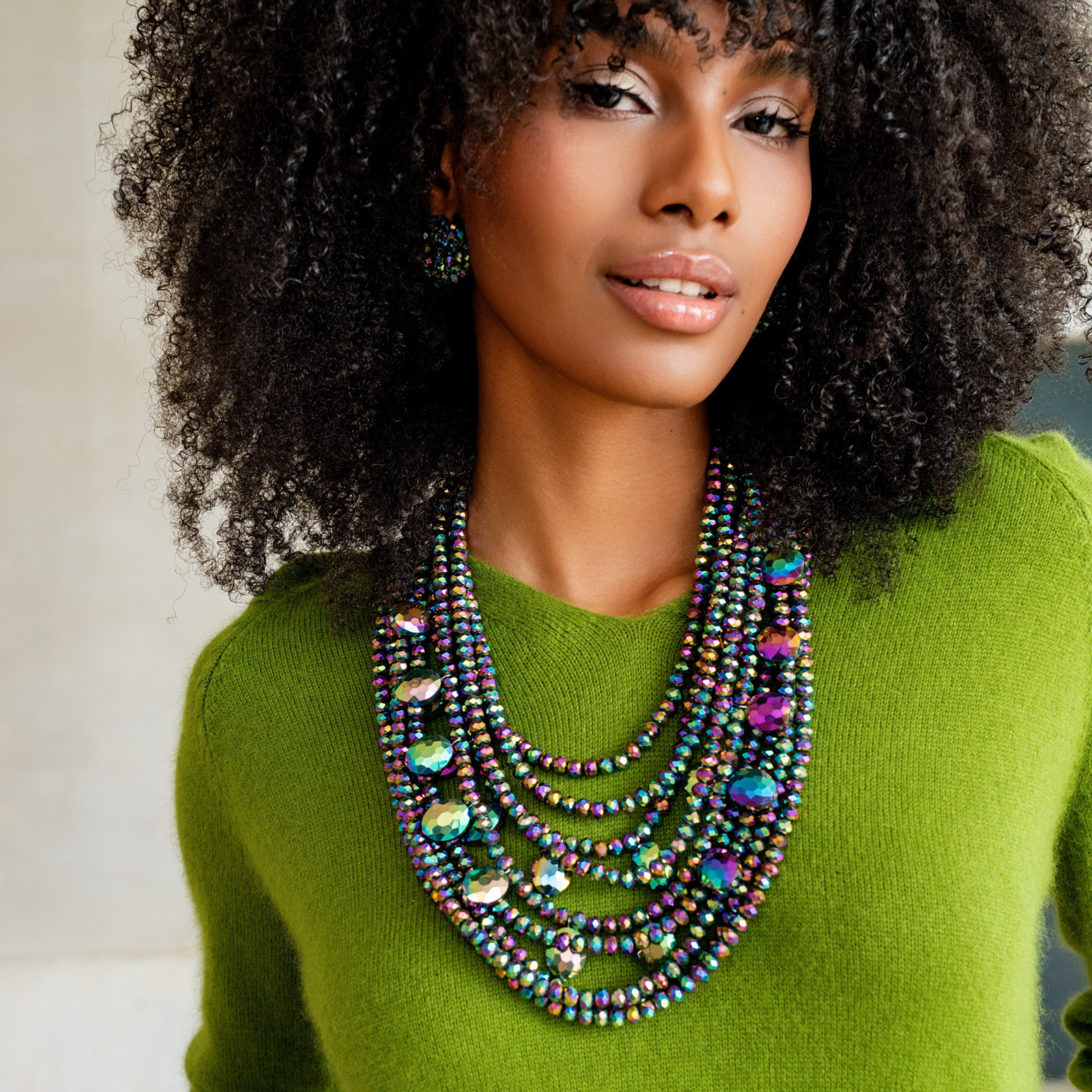 statement necklace, colorful statement jewelry, glass beaded necklace, iridescent necklace, bold fashion jewelry, women’s statement necklace, layered bead necklace, designer jewelry, sassy jones jewelry, colorful necklace, glass bead jewelry