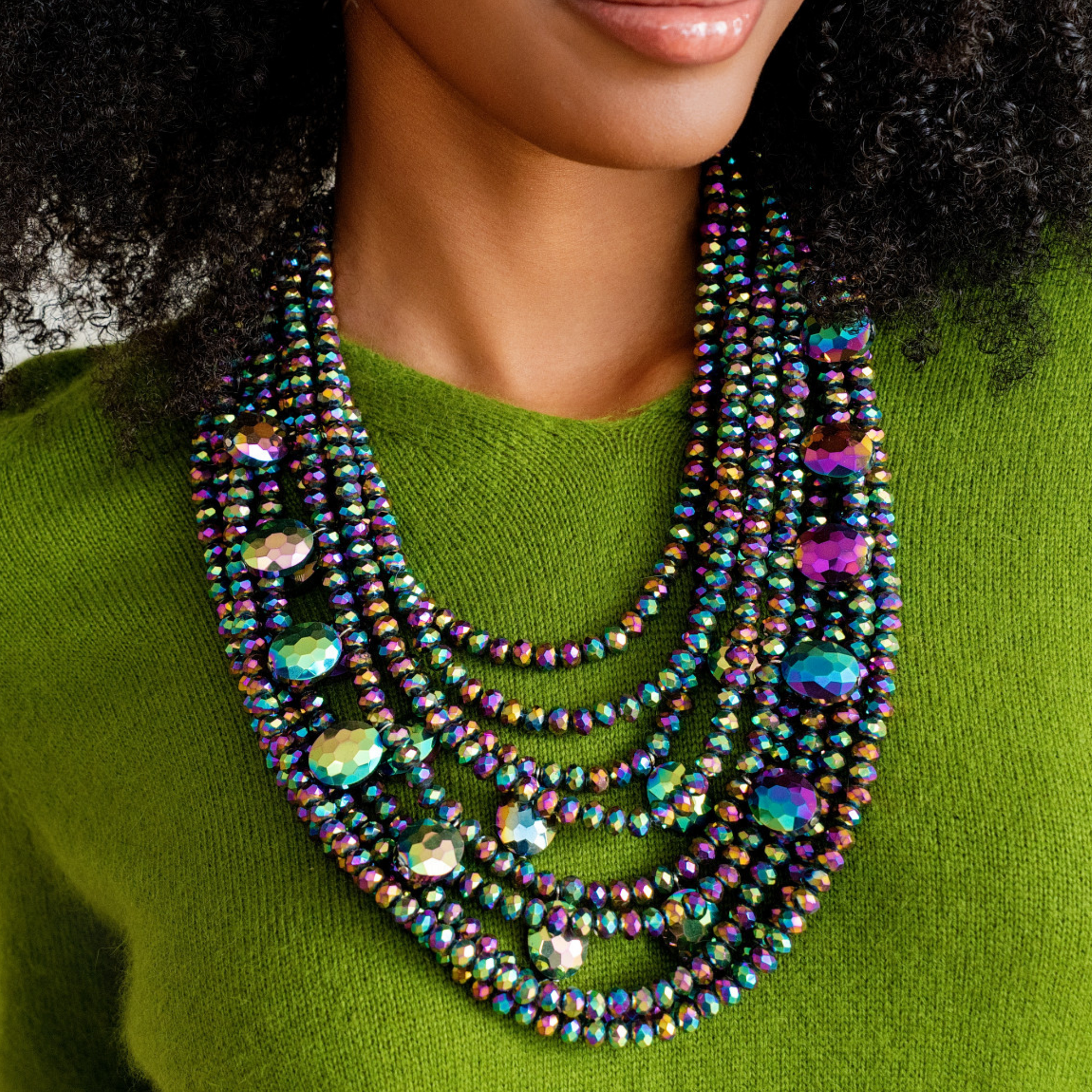 statement necklace, colorful statement jewelry, glass beaded necklace, iridescent necklace, bold fashion jewelry, women’s statement necklace, layered bead necklace, designer jewelry, sassy jones jewelry, colorful necklace, glass bead jewelry