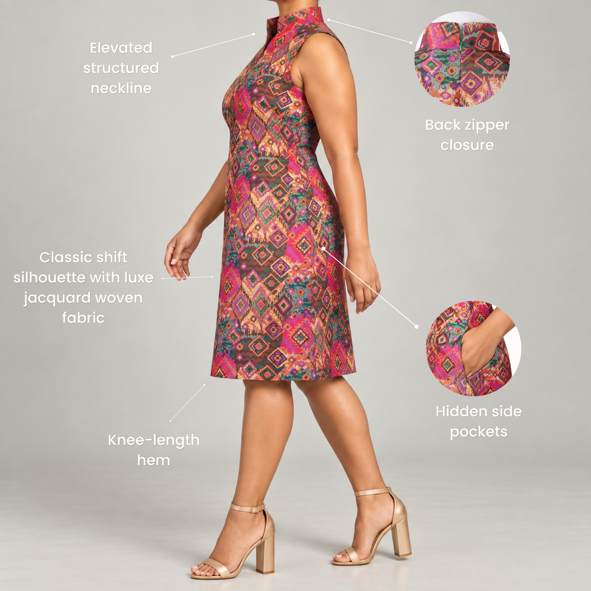 Multicolor jacquard shift dress featuring a structured sleeveless silhouette, collared neckline and pockets.