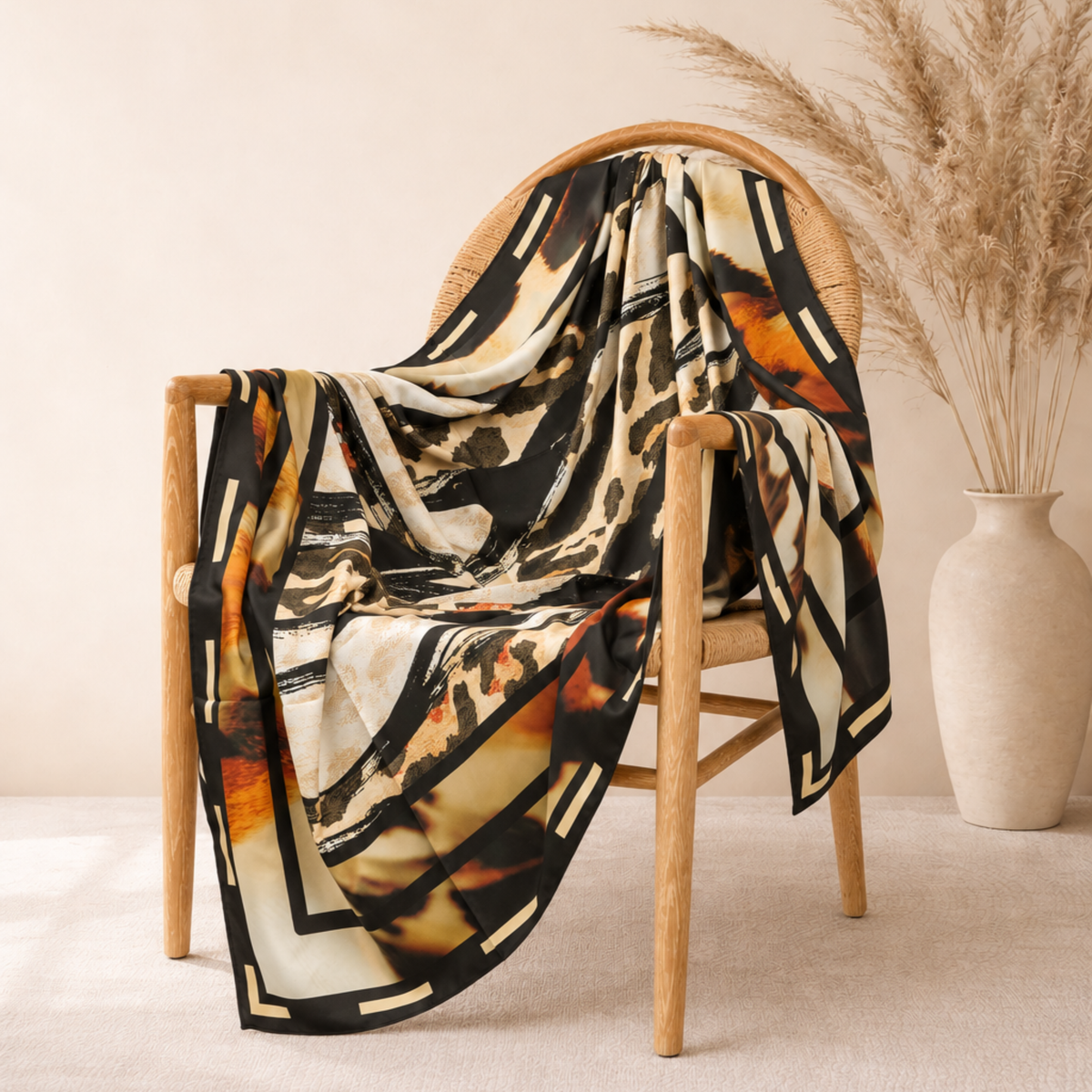 Close up of Mary Butler Leopard Abstract Scarf highlighting fluid black shapes, leopard spots and warm neutral tones.
