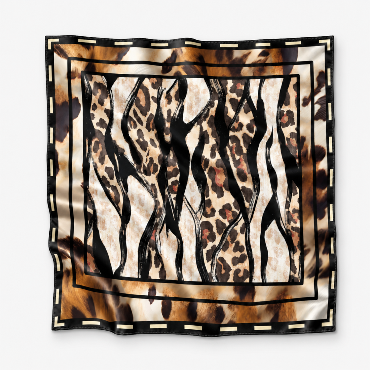 Mary Butler Leopard Abstract Oversized Square Scarf featuring layered leopard prints in caramel, cream, black and brown.