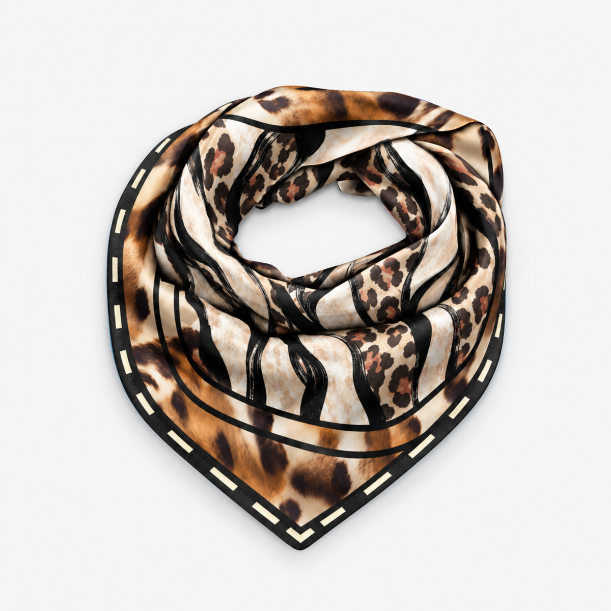 Mary Butler Leopard Abstract Oversized Square Scarf displayed flat with a layered leopard design and decorative black border.