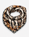 Mary Butler Leopard Abstract Oversized Square Scarf displayed flat with a layered leopard design and decorative black border.