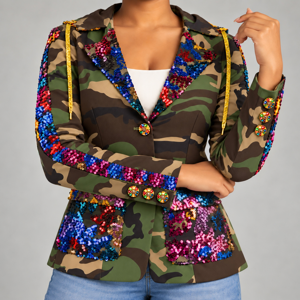 Milan Camo Sequin Hooded Blazer featuring multicolor sequin embellishments and classic green camouflage print.