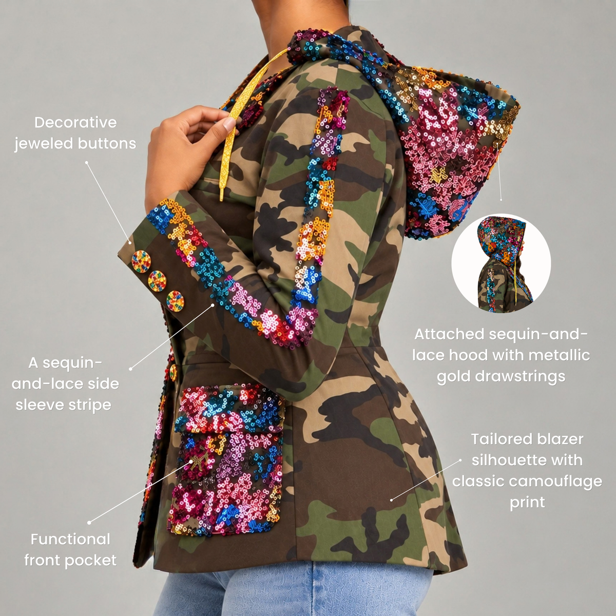 Close-up of Milan Camo Blazer featuring jeweled buttons, gold hood drawstrings and colorful sequin detailing.