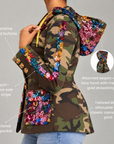 Close-up of Milan Camo Blazer featuring jeweled buttons, gold hood drawstrings and colorful sequin detailing.