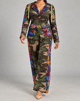 Multicolor sequin camo blazer featuring long sleeves, gold drawstring details and a tailored single button silhouette.