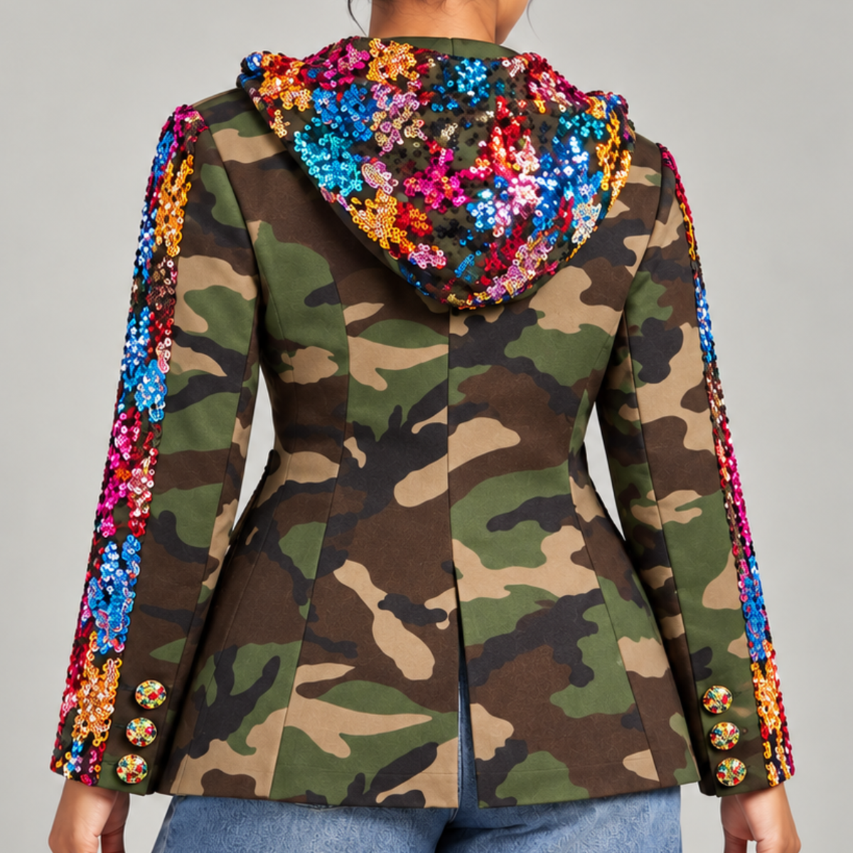 Women's camouflage blazer with vibrant blue, pink, red and gold sequins across the lapels, sleeves and pockets.