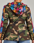 Women's camouflage blazer with vibrant blue, pink, red and gold sequins across the lapels, sleeves and pockets.