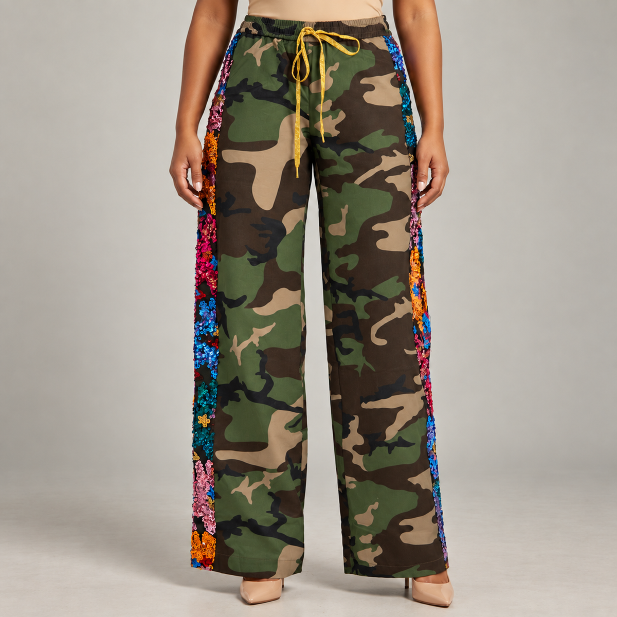 Milan Camo Sequin Wide Legged Track Pant