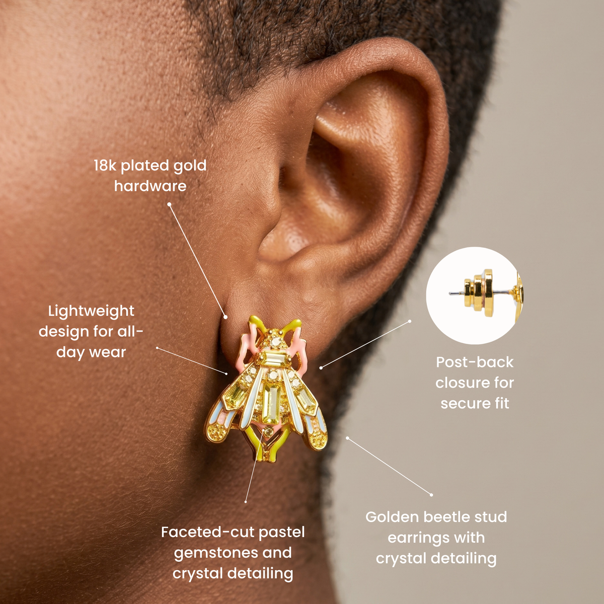 Women's crystal beetle earrings featuring faceted stones and colorful garden inspired details.