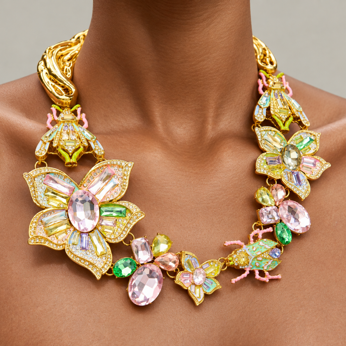 Miss Beasley Crystal Necklace in Crystallique featuring jeweled flowers, beetles and multicolor faceted crystals.